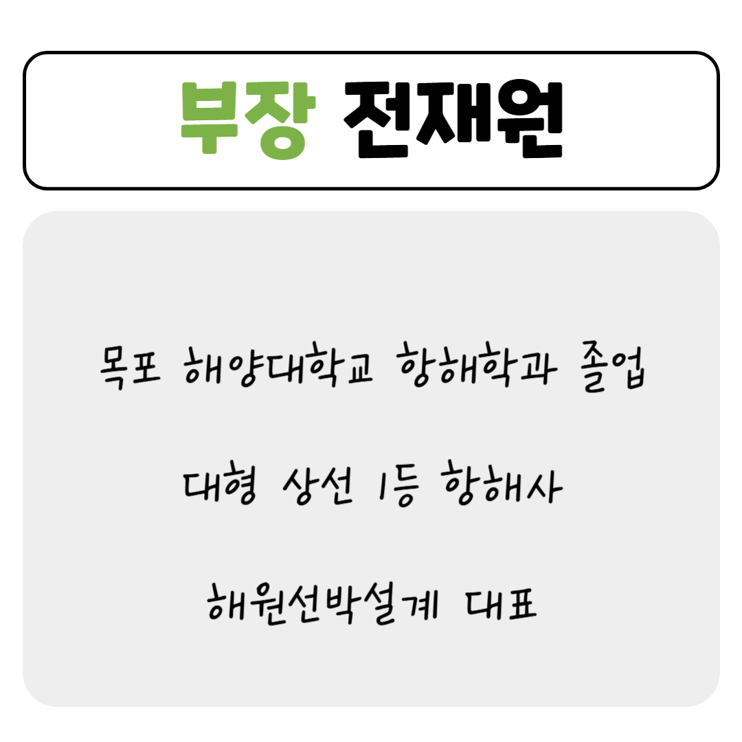 부장 전재원
목포 해양대학교 항해학과 졸업
대형 상선 1등 항해사
해원선박설계 대표